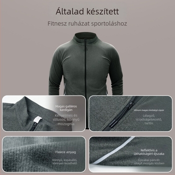 Férfi sportos dzseki poliészter keverékből fleece béléssel, magas állású gallér, hosszú ujjú, kapucni nélküli