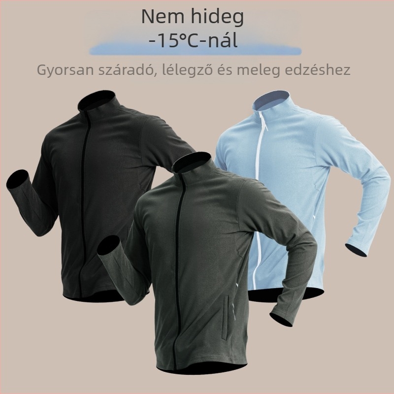 Férfi sportos dzseki poliészter keverékből fleece béléssel, magas állású gallér, hosszú ujjú, kapucni nélküli