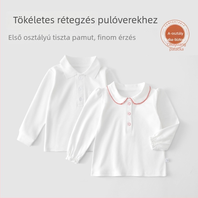 Gyerekeknek szóló pamut polo felső hosszú ujjú, fehér, egyszínű, uniszex, tavasz–őszre, 3–8 évesek.