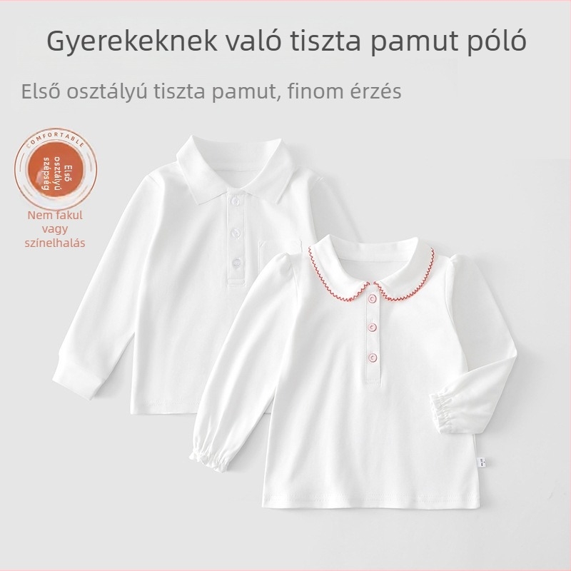 Gyerekeknek szóló pamut polo felső hosszú ujjú, fehér, egyszínű, uniszex, tavasz–őszre, 3–8 évesek.