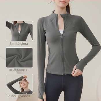 Női sportdzseki zipzárral, fleece béléses, hosszú ujjú, álló gallér, futáshoz és jóga