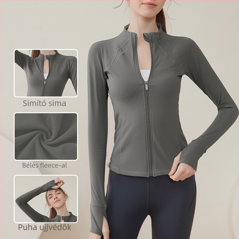 Női sportdzseki zipzárral, fleece béléses, hosszú ujjú, álló gallér, futáshoz és jóga