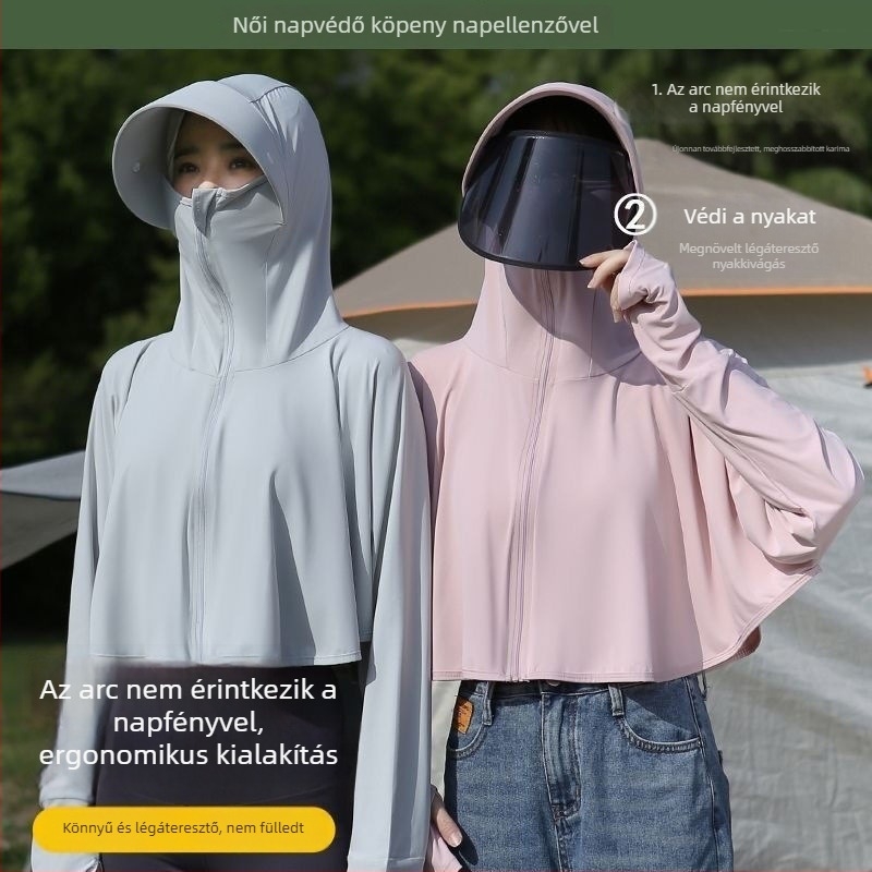 Női Ice Silk UV-védelmet nyújtó nyári kabát kapucnival, szélvédett, ideális túrázásra és kerékpározásra