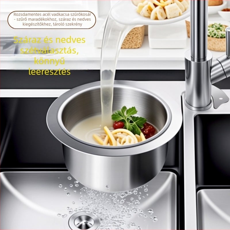 Rozsdamentes acél hattyú formájú lefolyókosár szűrővel – multifunkcionális mosogatóállvány száraz és nedves maradékokhoz