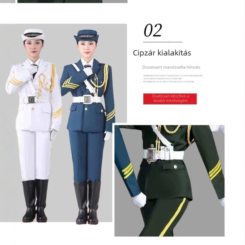Zászlófelvonási ünnepi egyenruha – katonai dobosok számára, uniszex, színpadi előadásokhoz, 18–24 évesek, 2025 ősz, anyag: imitációs gyapjú és spandex