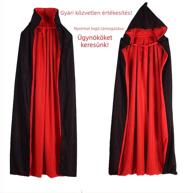 Halloween jelmez: fekete–piros kétsoros rétegű, kétoldalas köpeny vámpír cosplayhoz, uniszex, 75–140 cm