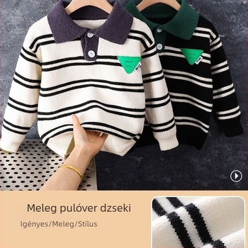 Fiúknak való galléros kötött polo pulóver, csíkos téli kötött ruha 3–8 éveseknek