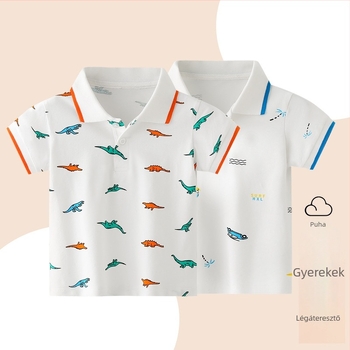 Fiúknak szóló rövid ujjú polo felső állatmintával, pamutból, 3–8 éveseknek, nyárra.