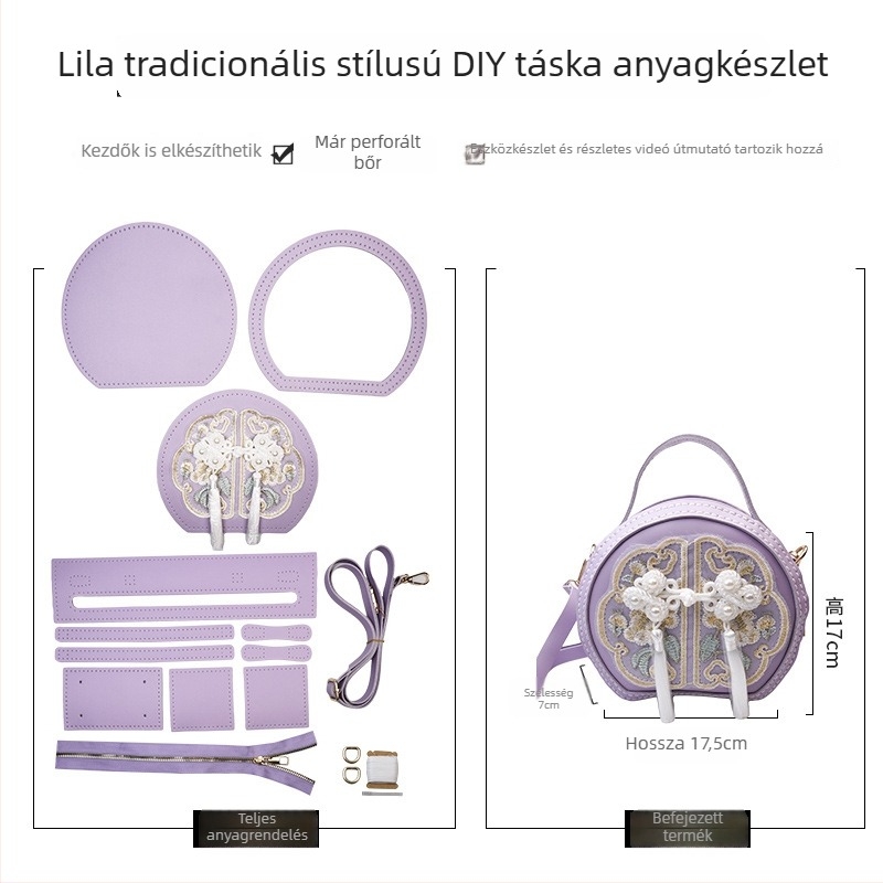 Kör alakú hímzett PU táska - cipzár, telefontartó zseb, Hanfu kiegészítők