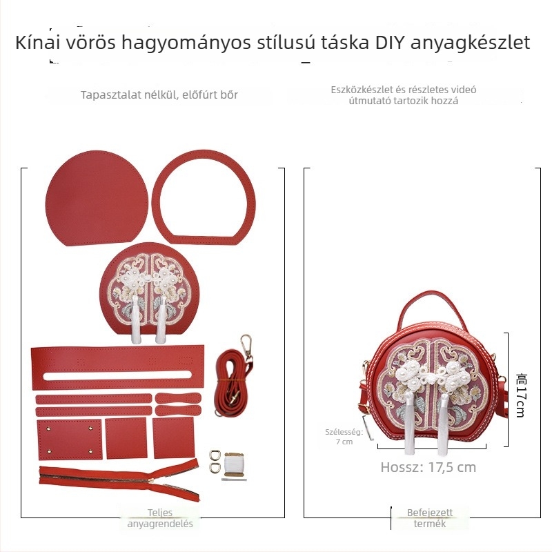 Kör alakú hímzett PU táska - cipzár, telefontartó zseb, Hanfu kiegészítők