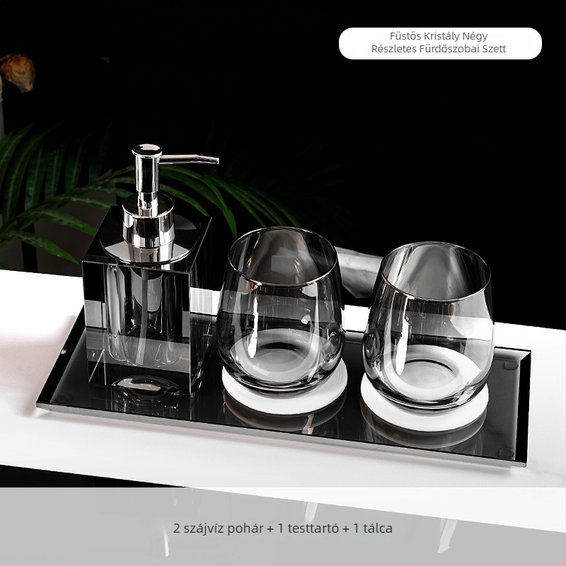 Kristályos fürdőszobai kiegészítő készlet Microonica márka, világos luxus stílus, tartalmaz fogkefetartót, tálcát, vattapálca dobozt és szájöblítő poharat