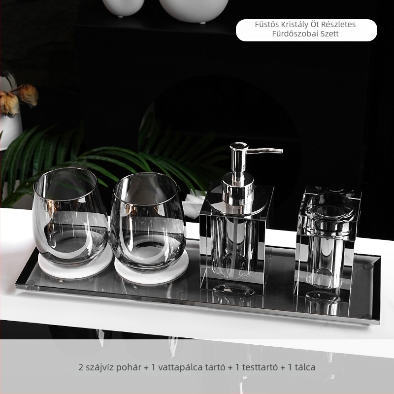 Kristályos fürdőszobai kiegészítő készlet Microonica márka, világos luxus stílus, tartalmaz fogkefetartót, tálcát, vattapálca dobozt és szájöblítő poharat