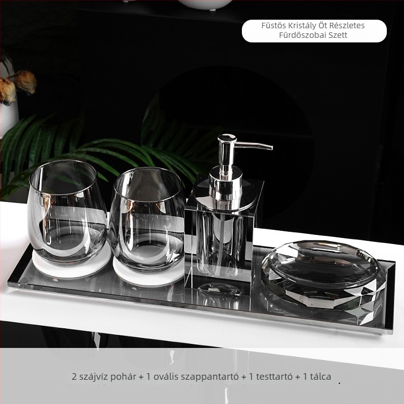 Kristályos fürdőszobai kiegészítő készlet Microonica márka, világos luxus stílus, tartalmaz fogkefetartót, tálcát, vattapálca dobozt és szájöblítő poharat