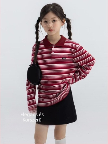 Lányoknak csíkos polo felső, hosszú ujjú, pamut, retro preppy stílus, 8+ éveseknek (140 cm+), 2025 tavasz