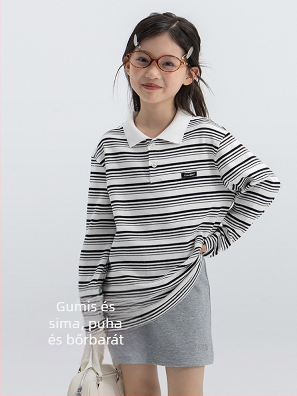Lányoknak csíkos polo felső, hosszú ujjú, pamut, retro preppy stílus, 8+ éveseknek (140 cm+), 2025 tavasz