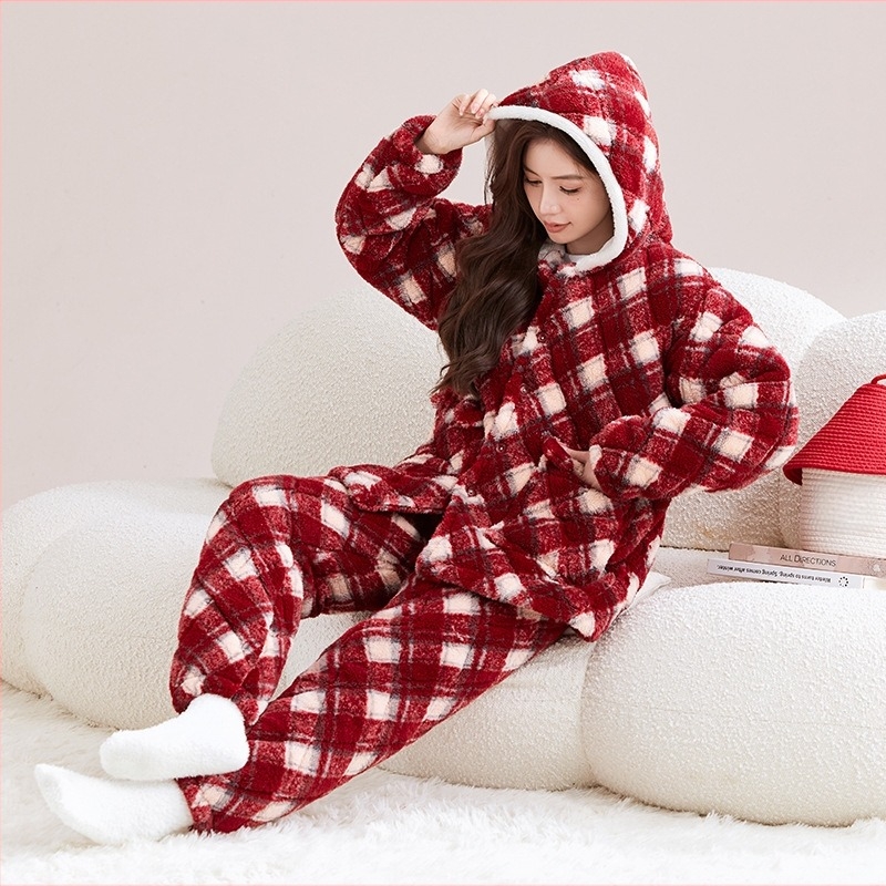 Női téli pizsama szett, vastag flanel és plüss bélés, meleg háromrétegű quilt, koreai stílusú laza szabás, otthoni és kültéri viseletre