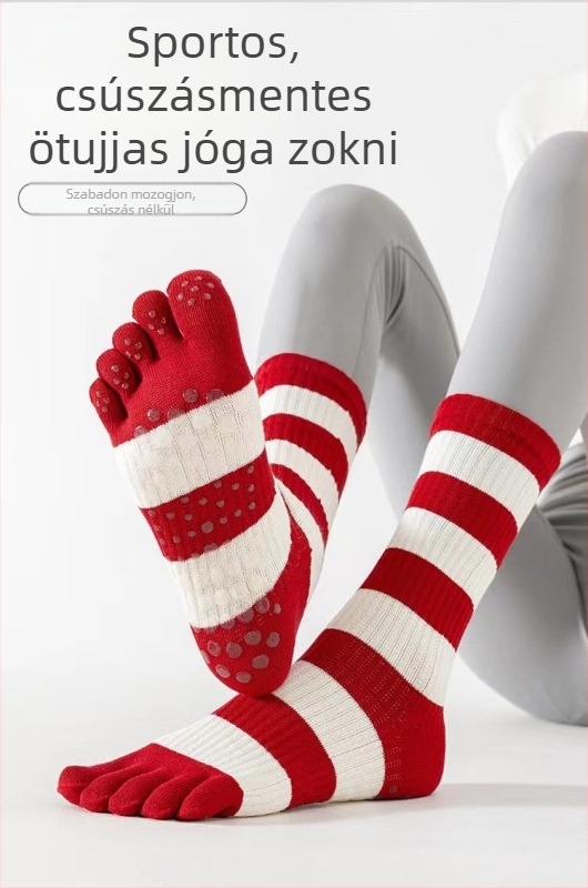Ötujjas jóga zoknik, csúszásmentes, lélegző, nedvességelvezető, 90–95% pamut, középmagas, nőknek