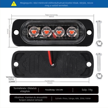 Kisteherautó oldalsó lámpa, 4-LED élfény, 12-24V, ABS