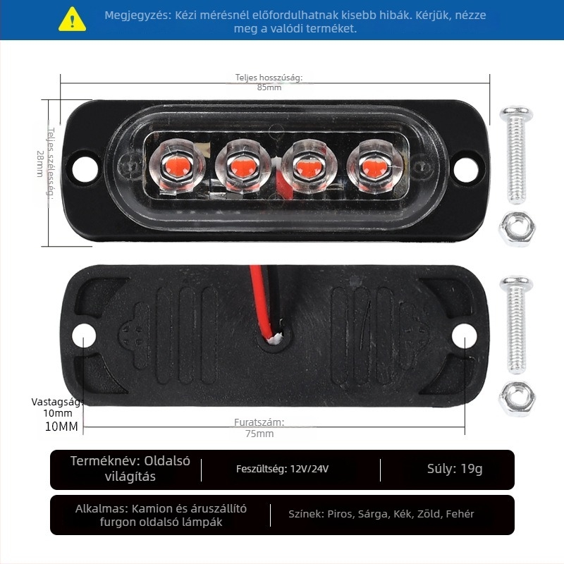 Kisteherautó oldalsó lámpa, 4-LED élfény, 12-24V, ABS