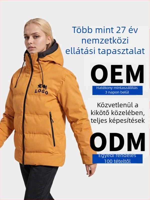 Kapucnis vastag téli pehelydzseki, unisex, szélálló, 86-90%-os pehelytartalom, töltet: kacsa pehely