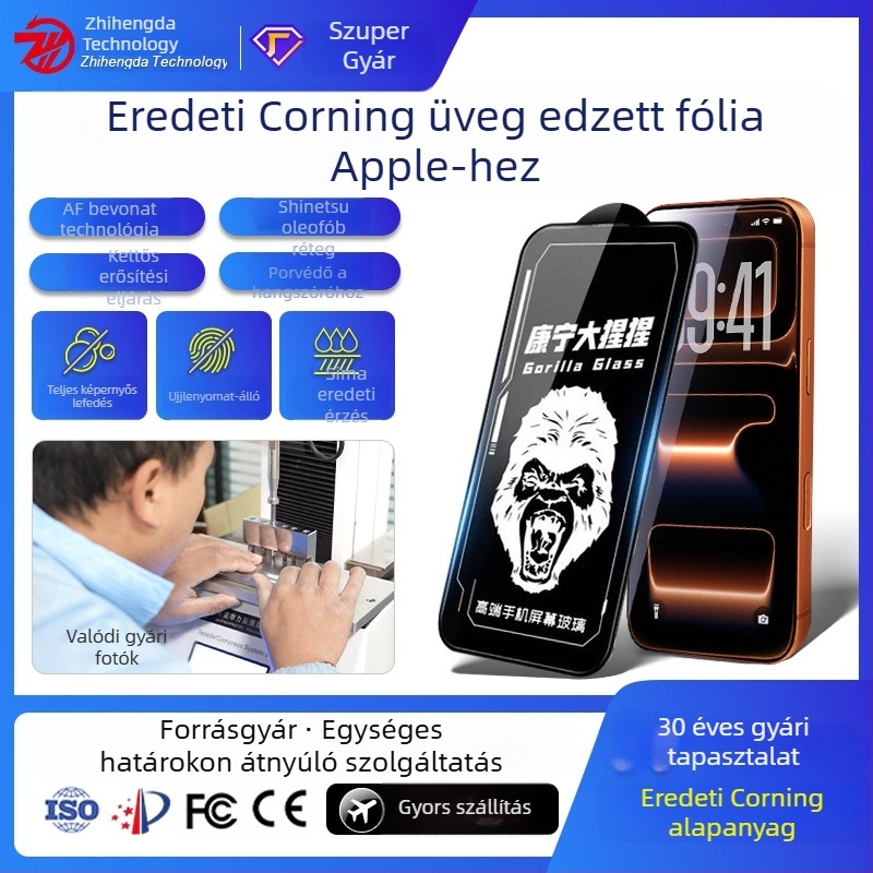 Corning Gorilla edzett üveg kijelzővédő iPhone 16 Prohoz - teljes képernyőfedés, anti-ujjlenyomat, pormentes telepítés, HD