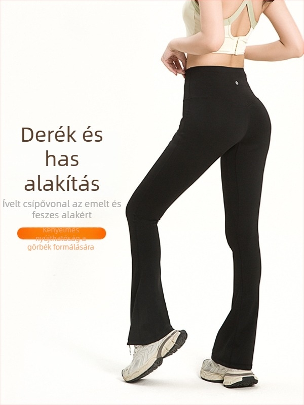 Magas derekú, popsit formáló jóganadrág hasítékkal és enyhén bővülő szárakkal, nylon anyagból