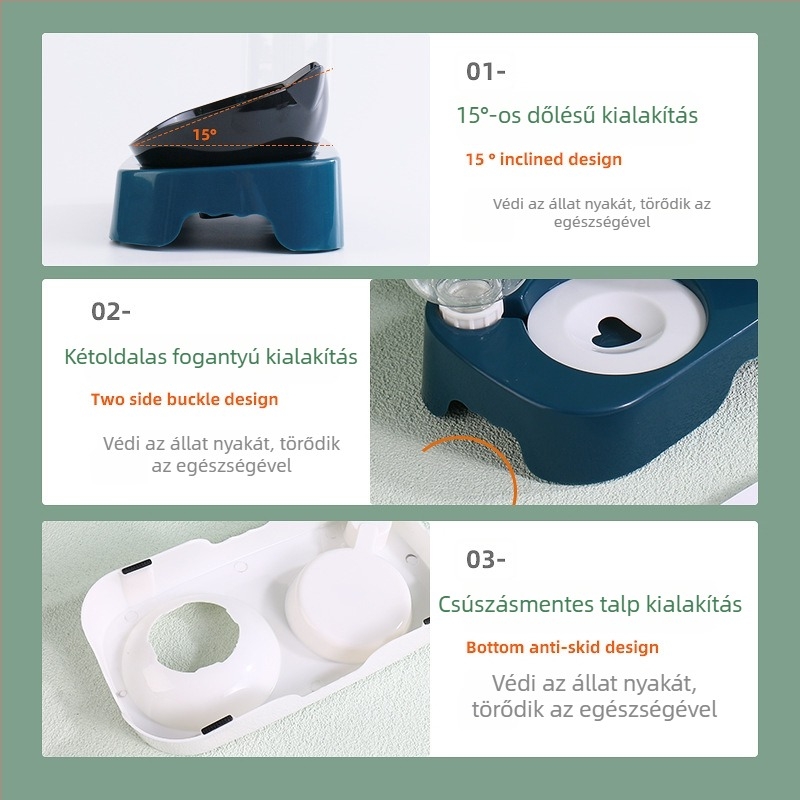 Automata víz- és ételadagoló macskáknak és kutyáknak; szivárgásmentes nyakvédős tál; ABS anyag; teljes automata etető készlet; súly ~250 g; Márka Taiguang; Csomagolás: alap + tál 50 db; ivóüveg 200 db