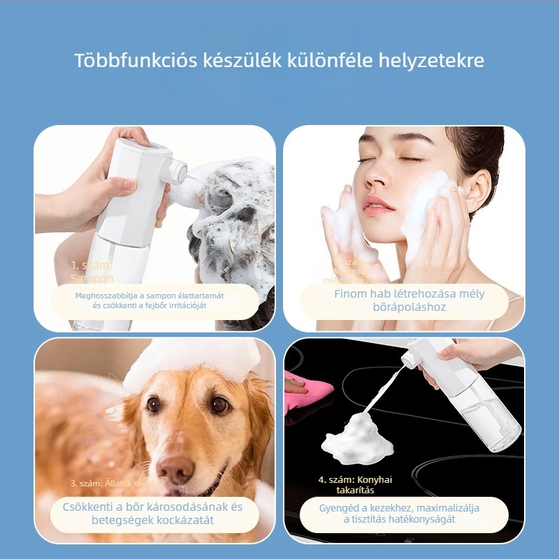 Intelligens elektromos habosító samponhoz, kézmosáshoz, tusfürdőhöz és arcápolóhoz, sűrű habbal és permetezőpisztollyal