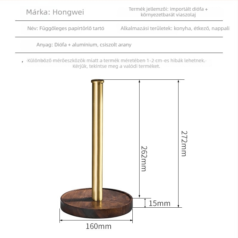 Asztali papírtörlő-tartó, diófából, ovális alak, aranyozott felület, Hongwei márka, kód HIM-3039