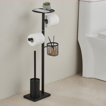 Rozsdamentes acélból készült padlón álló toalettpapír tartó és WC-kefe tartó