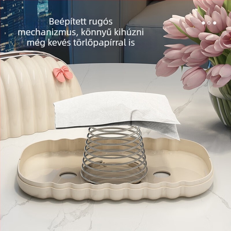 Zsebkendő tartó doboz krémszínű kagyló formájú dizájnnal, könnyed luxus stílus (vízálló; levehető papírzsebkendő; 1 db)