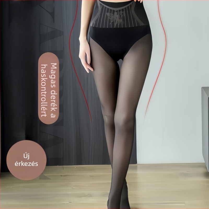 Őszi–téli sexy magas derekú fekete átlátszó harisnya fleece belsővel, bőrhatás
