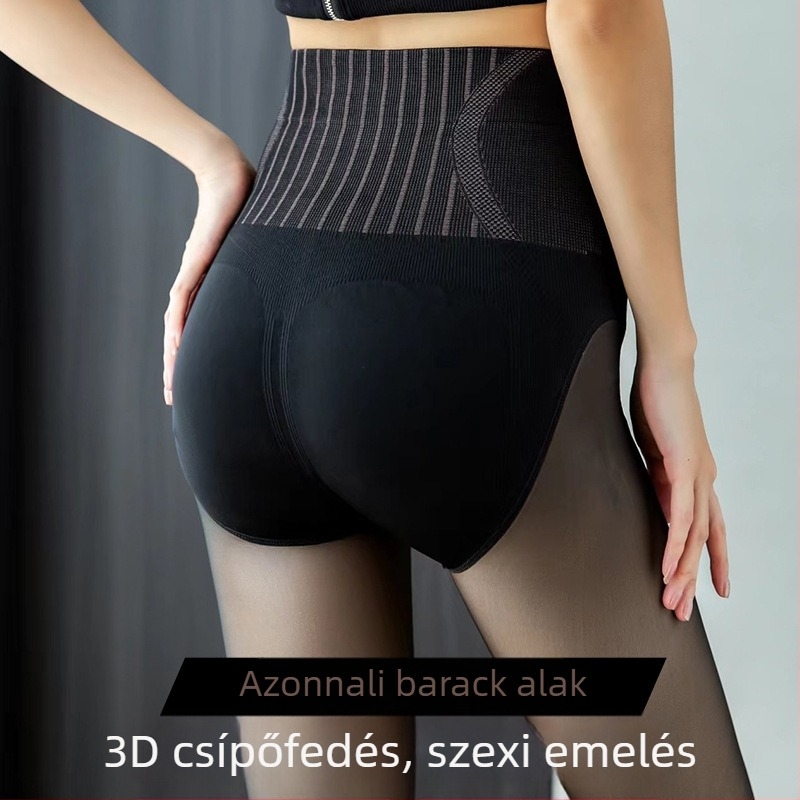 Őszi–téli sexy magas derekú fekete átlátszó harisnya fleece belsővel, bőrhatás
