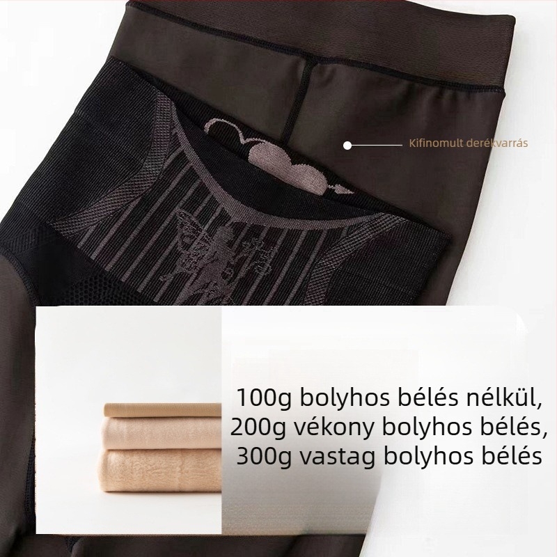Őszi–téli sexy magas derekú fekete átlátszó harisnya fleece belsővel, bőrhatás