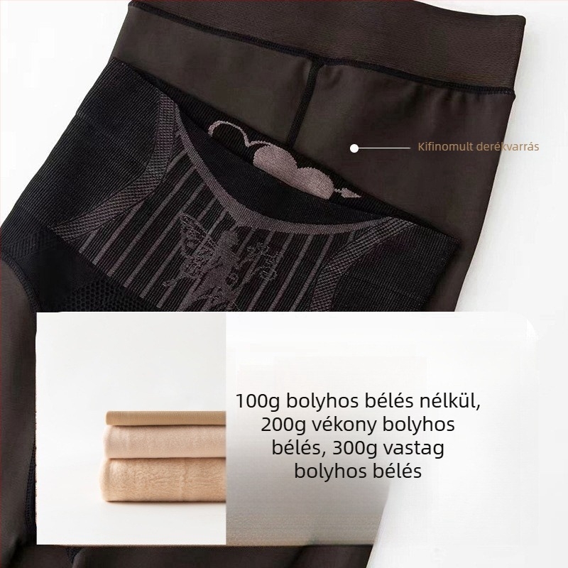 Őszi–téli sexy magas derekú fekete átlátszó harisnya fleece belsővel, bőrhatás