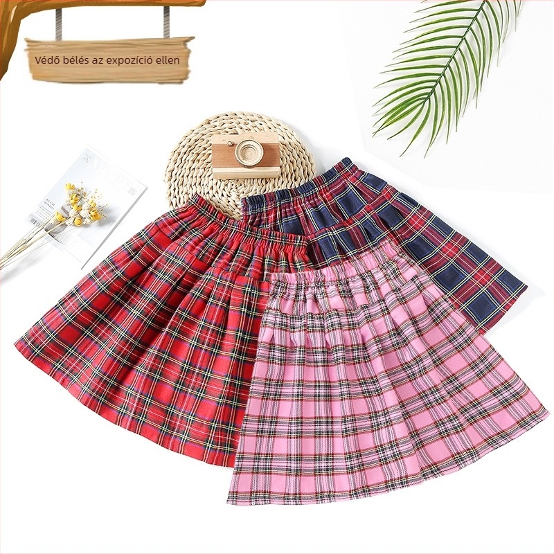Lányoknak szóló kockás puffos JK-stílusú gyerek szoknya, pamut anyag, 3–8 éveseknek, nyár 2022