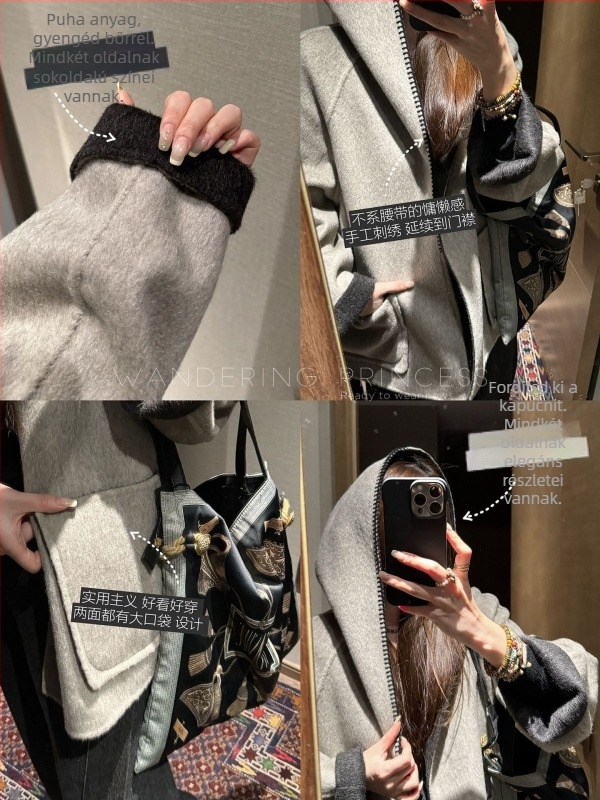 Női gyapjú kabát kapucnival, color-block, megfordítható, laza szabású, közepes hosszúságú