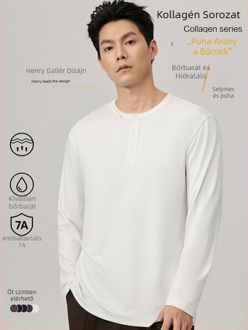 Póló hosszú ujjú, kerek nyakú, háromgombos, karcsúsított fazon, pamutkeverék, ősz