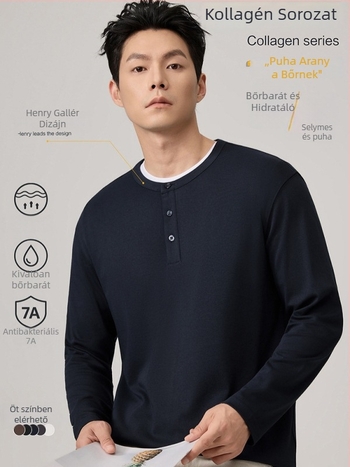 Póló hosszú ujjú, kerek nyakú, háromgombos, karcsúsított fazon, pamutkeverék, ősz