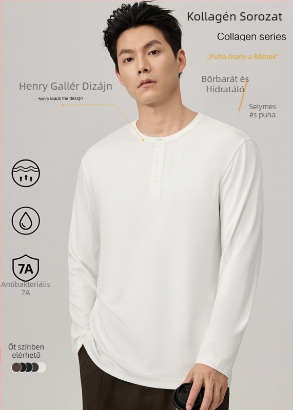 Póló hosszú ujjú, kerek nyakú, háromgombos, karcsúsított fazon, pamutkeverék, ősz