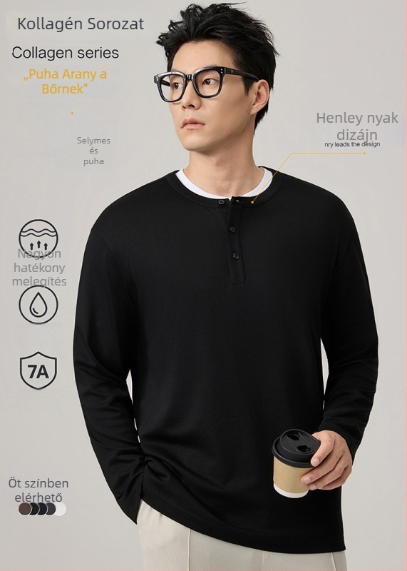 Póló hosszú ujjú, kerek nyakú, háromgombos, karcsúsított fazon, pamutkeverék, ősz