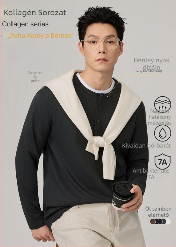 Póló hosszú ujjú, kerek nyakú, háromgombos, karcsúsított fazon, pamutkeverék, ősz