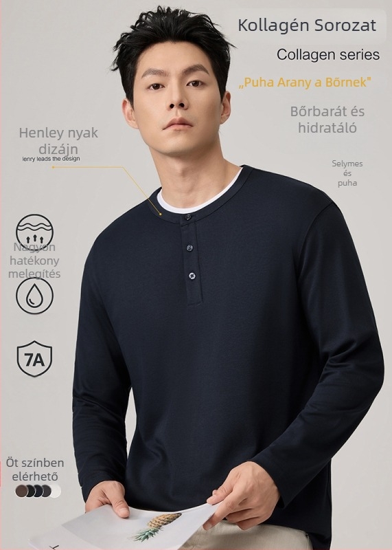 Póló hosszú ujjú, kerek nyakú, háromgombos, karcsúsított fazon, pamutkeverék, ősz