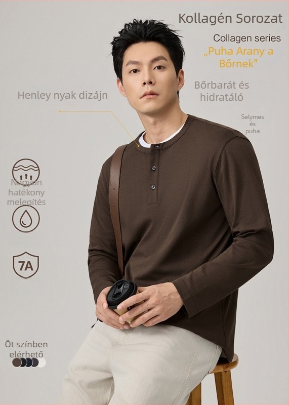 Póló hosszú ujjú, kerek nyakú, háromgombos, karcsúsított fazon, pamutkeverék, ősz