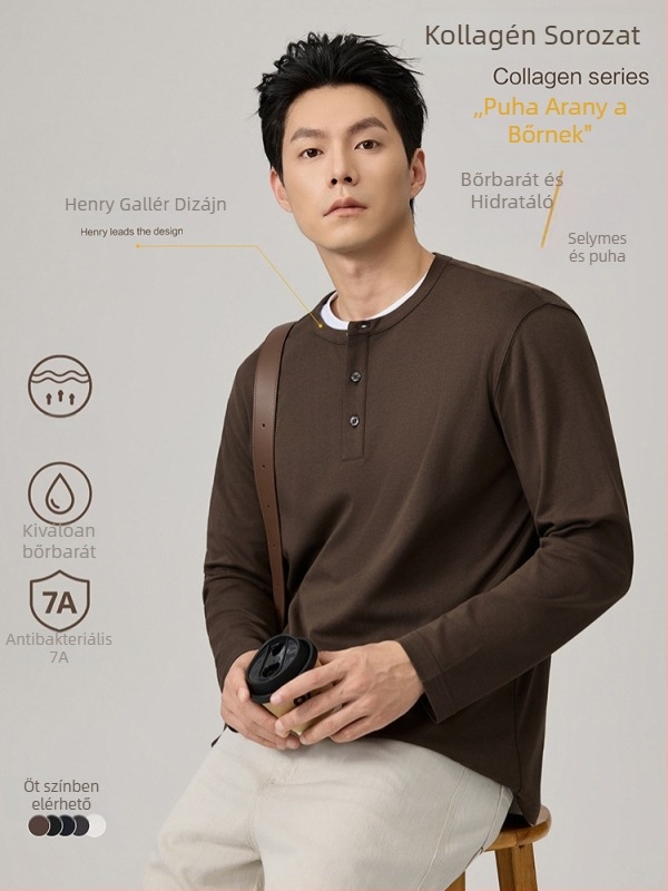 Póló hosszú ujjú, kerek nyakú, háromgombos, karcsúsított fazon, pamutkeverék, ősz