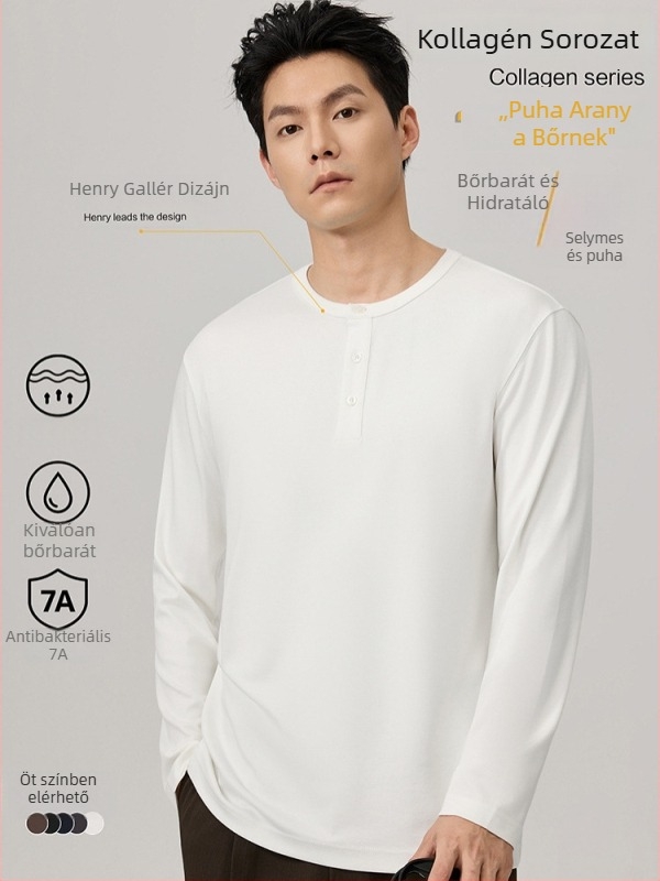 Póló hosszú ujjú, kerek nyakú, háromgombos, karcsúsított fazon, pamutkeverék, ősz