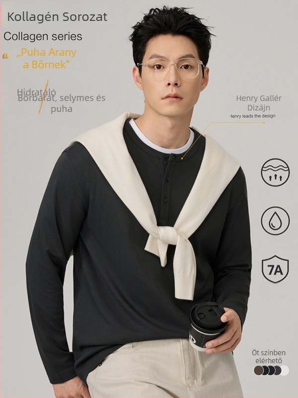 Póló hosszú ujjú, kerek nyakú, háromgombos, karcsúsított fazon, pamutkeverék, ősz