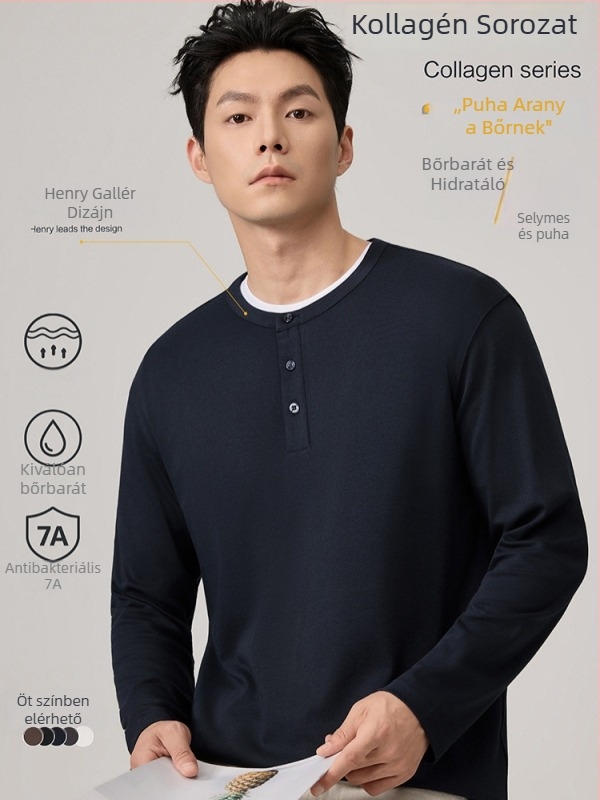 Póló hosszú ujjú, kerek nyakú, háromgombos, karcsúsított fazon, pamutkeverék, ősz