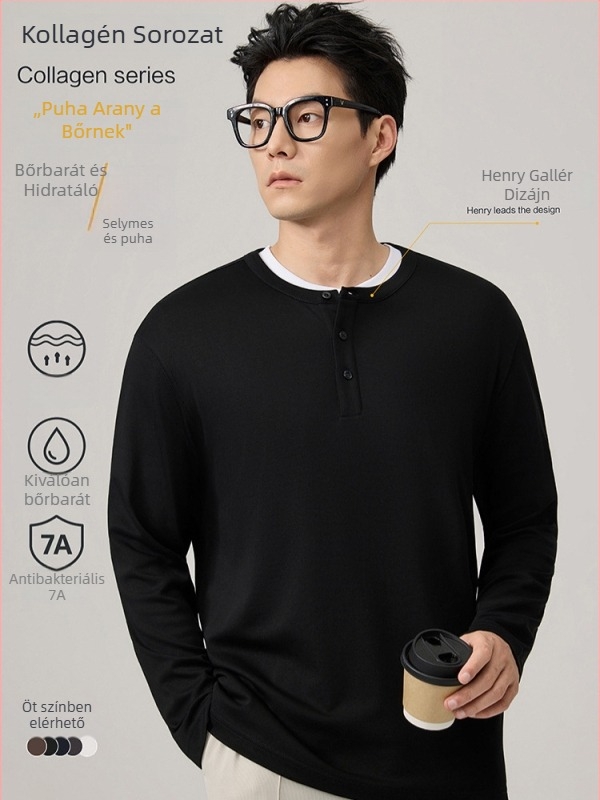 Póló hosszú ujjú, kerek nyakú, háromgombos, karcsúsított fazon, pamutkeverék, ősz