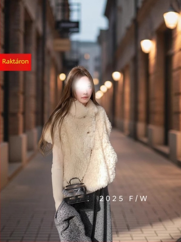 Öko-barát nyúl szőrme mellény, ujjatlan, magas gallér, ultra rövid hossz, elegáns téli kültéri ruházat